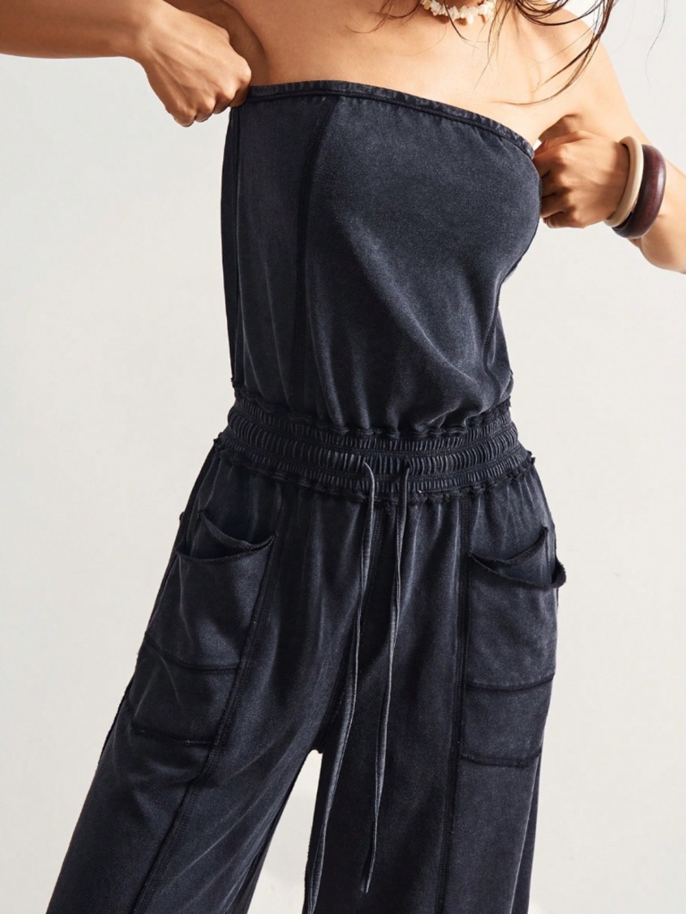 Cotton Blend Strapless Black Boho Wide Leg Jumpsuit with Pockets - Picture 6 of 9